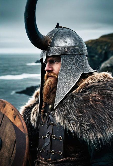 close-up photo of a 
Historical Viking Raider
Horned helmet, fur cloak, longship prow, Viking longhouse, raiding party, Norse runes, battle axe, seafaring voyages, berserker rage, coastal raid, plundered treasure, Nordic warrior, Valhalla-bound, Viking chieftain, Viking shield wall, northern conquests.
cinematic, sharp focus, intricate, cinematic, dramatic light