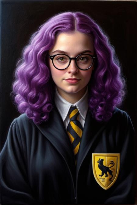 ("Hufflepuff" crest: 1.4) <lora:Harrlogos_v2.0:1>, (oil painting) portrait of a very ugly teenager with violet hair in the Harry Potter universe, she is wearing black cloak, weird nerd personality, funny, silly personality, wearing big glasses, sharp image, black background