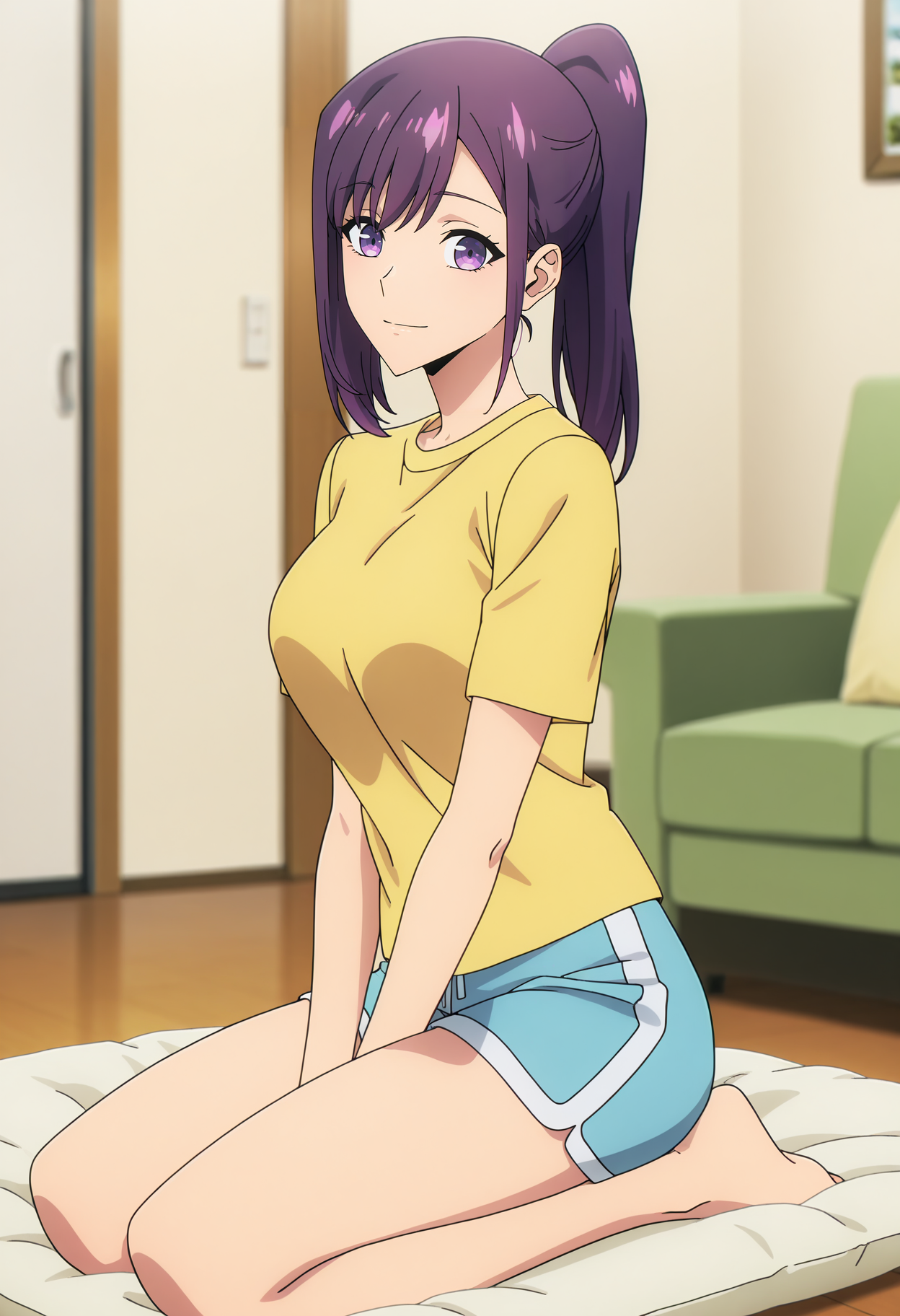 A young woman with purple eyes and long purple hair tied into a high ponytail. She is kneeling on a white cushion in a cozy, warmly lit room with wooden flooring. She is wearing a yellow t-shirt and light blue shorts with white trim. In the background, there is a green armchair with a yellow cushion and a white door with a gold handle, partially visible on the left. 