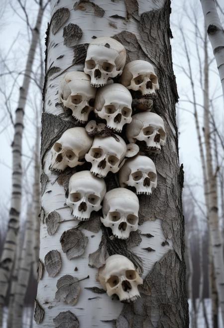 realistic birch tree with skulls in the texture of the bark, old time damaged skulls with birch tree bark texture on it, old skulls inserted in birch bark, skulls blend into the birch grain, hd, cinematic shot, show field with birch trees on the background, cloudy winter weather, detailed, sharp focus, cinematic (wide angle view)