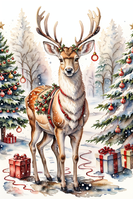 RagingReindeerSplash, solo, looking at viewer, sitting, full body, black eyes, tree, no humans, animal, grass, snow, snowing, antlers, animal focus, deer,<lora:RagingReindeerSplash:0.8> EarthXmasSplsh