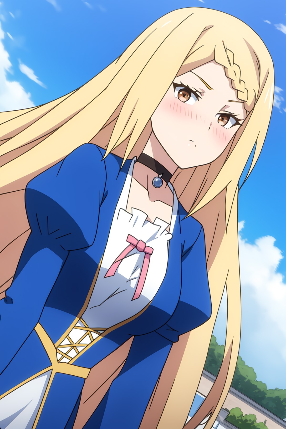 killerqueen, anime art style, 1girl, solo, long_hair, blush, blonde_hair, long_sleeves, brown_eyes, braid, outdoors, sky, ...