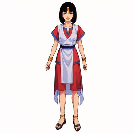 rasaramoon,1girl, rasaramoon,1girl, short hair,hime cut,black hair,bangs,headband,Crescent,makeup,eyeshadow,yellow eyes,lipstick, tunic,short sleeves,pelvic curtain,dress, sash, bracelet,wristband, Gaiters,sandals, food up