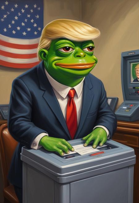(Masterpiece, cartoon, digital illustration, oil painting), (pepe the frog) voting on an election machine, wearing a suit, blonde trump hair, American flag in background,