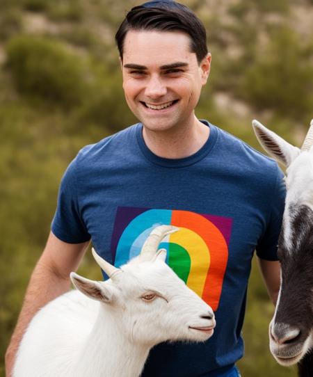 benshapiro person laughing with a goat. Rainbow striped t-shirt.