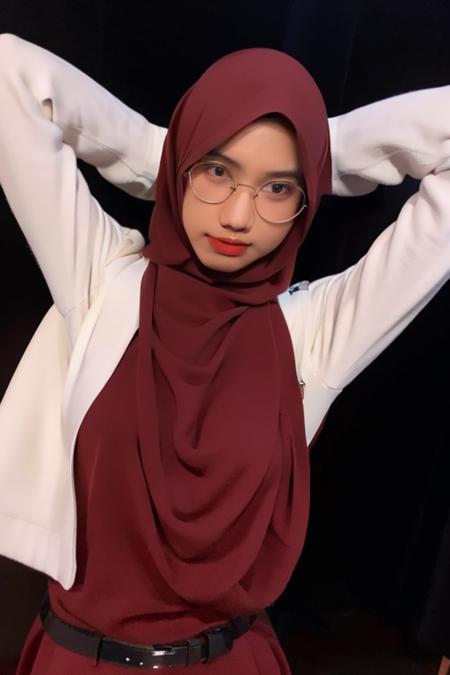 masterpiece, best quality, 1girl, solo, standing, adasweater, red sweater, sweater dress, turtleneck, harness, pantyhose, black eyes, looking at viewer, arms behind head, large breasts, parted lips, red lips, lipstick, holster, belt, mature female, (black hijab:1), POV Facing Camera, simple background, black background, glasses   <lora:adawong-re-richy-v1:1> <lora:RinMoka_-_Youtuber:0.85>