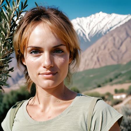a beautiful woman, wearing a tshirt, warm sunny day, mountains, olive tree,  hi detail, sharp focus, perfect lighting, awesome, dslr, 4k high quality. extra detail, extra sharp, magical, perfect moment, natural skin, pores, film, film grain, flare, old film, discolored film, magazine paper, 35mm photo, grainy, vignette, vintage, Kodachrome, Lomography, stained, f1.2 50m <lora:amberv_xl:1>