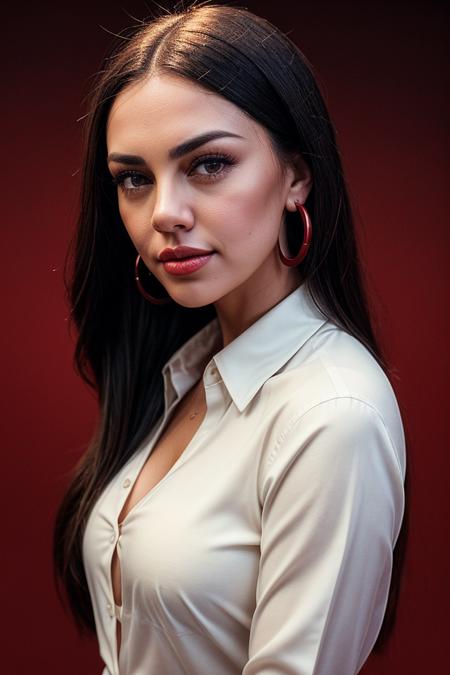 photo of (zanamari-135:0.99), a beautiful woman, perfect hair, smiling, closeup portrait, (modern photo, Ivory button up shirt), 85mm, (analog, cinematic, film grain:1.3), ((plain Rich Red background:1.2)), detailed eyes, (seductive pose), painted lips, (epicPhoto), (looking at viewer), hoop earrings, (cinematic shot:1.3)