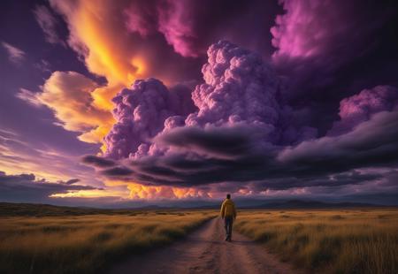▲ Close to: Photography of nightscape with purple sky and light, person looking the sky, dark atmosphere, 
