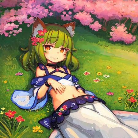 <lora:my-jrpencil-15:1>  little fox girl lies on her tummy in the grass among the flowers, smiles , (illustration), cartoon, detailed