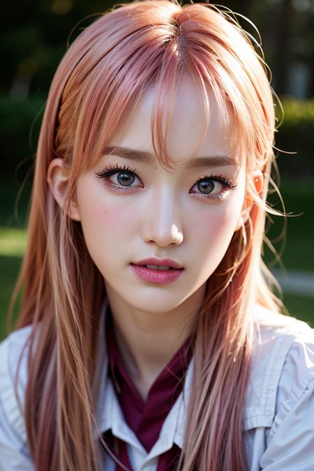 asian 8k,hdr, beautiful, cute, masterpiece, (best quality:1.5), (realistic:1.5),(photorealistic:1.5),ultra detailed, detailed face, realistic face, (realistic skin:1.37), (intricate:1.5), woman, solo, blunt bangs, pink hair, pale skin, (close-up photo:1), portrait photo, perfect lighting, (school uniform), (thigh high),(class room), slim, slender, natural makeup, smiling