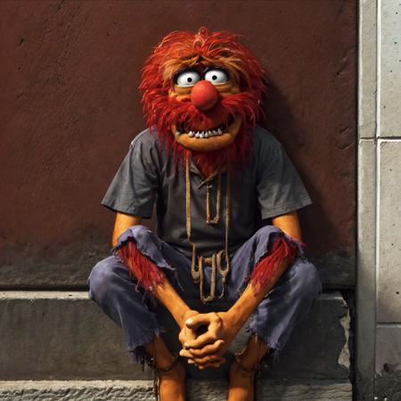 ((( a very sad man leaning on a wall, folded hands))) <lora:TheAnimalLoRA:0.8> theanimal, red hair, spiky teeth, bushy eyebrows, red full beard, collar with spikes, wristband with chains,  <lora:face emotion_happy_slider_v1:-3> <lora:face emotions_lora:0.8> sad512