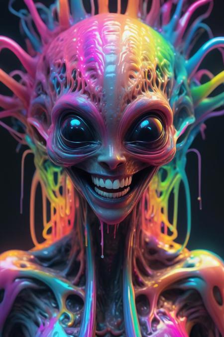 impossibly beautiful portrait of alien shapeshifter entity, insane smile, intricate complexity, surreal horror, inverted neon rainbow drip paint, trending on art station, photoreal, 8 k, octane render by greg rutkowski