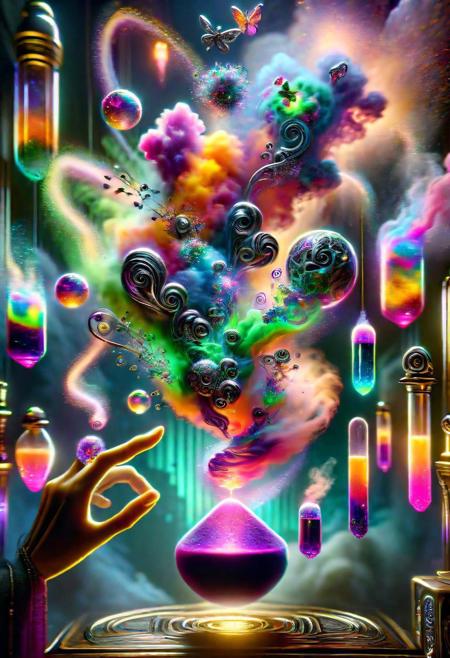 hyper detailed semi realistic 2.5D digital art masterpiece, dynamic, awesome quality,  female biowitch, control over quantum particles and reality, robotpunk  potion magic myriad of tiny swirling vials filled with liquids of every imaginable color, glowing softly, each vial emits a unique pattern of sparkles or smoke, representing the intricate and varied effects of potion magic, air is filled with a symphony of subtle, enchanting scents, hinting at the powerful transformations contained within each concoction <lora:DonMM4g1cXL_v1.2:0.8> DonMM4g1cXL,  <lora:Perfect Hands v2:0.8> Perfect Hands