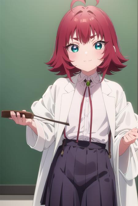 kusuriyakuzen, <lora:kusuri yakuzen s1-lora-nochekaiser:1>,
kusuri yakuzen small, short hair, (green eyes:1.3), white shirt, red hair, pleated skirt, socks, collared shirt, black skirt, neck ribbon, suspenders, antenna hair, black socks, (labcoat:1.2), suspender skirt, female child, smile,
BREAK ,
BREAK indoors, classroom,
BREAK looking at viewer, (cowboy shot:1.5),
BREAK <lyco:GoodHands-beta2:1>, (masterpiece:1.2), best quality, high resolution, unity 8k wallpaper, (illustration:0.8), (beautiful detailed eyes:1.6), extremely detailed face, perfect lighting, extremely detailed CG, (perfect hands, perfect anatomy),