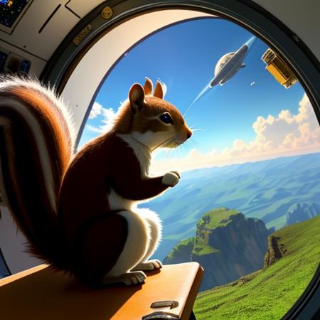 (best quality: 1.2), (masterpiece: 1.2), (realistic: 1.2), whimsical scene featuring a squirrel astronaut floating in space, with Earth in the background, on eye level, scenic, masterpiece