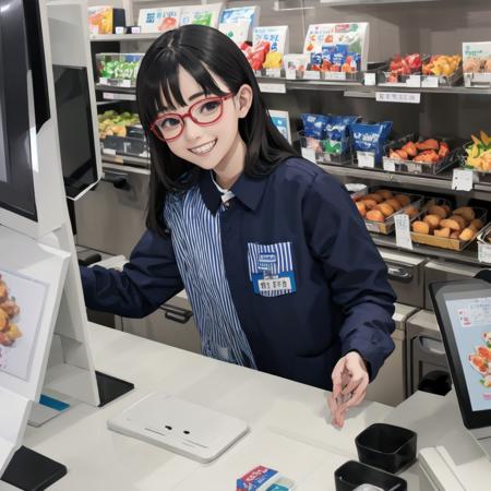 masterpiece, best quality, ultra-detailed, illustration,
konbini, scenery, shop, indoors, LAWSONU, employee uniform, uniform, shop, convenience store, black hair, uniform, glasses, striped shirt, smile, striped, food, shirt, id card, vertical stripes, 1girl, holding, long hair, name tag, grin, vertical-striped shirt
<lora:LAWSON_scenery_SD15_V2:1>