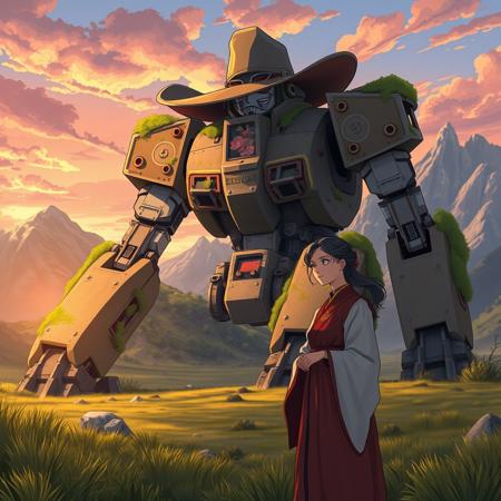 A giant robot cowboy sits in a valley, moss-covered robot. The robot wears a cowboy hat. A beautiful woman in traditional priestess robes stands in the foreground, thoughtful. mountains in background. sunset sky. In the style of anime.