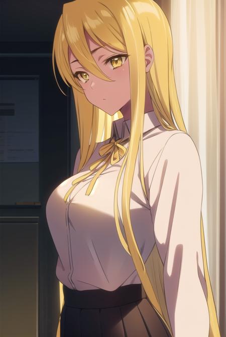 shizukamarikawa, <lyco:shizukamarikawa-LYCORIStest:1>,
shizuka marikawa, long hair, blonde hair, very long hair, low-tied long hair, (yellow eyes:1.5), hair between eyes,
BREAK skirt, shirt, long sleeves, ribbon, white shirt,
BREAK looking at viewer,
BREAK indoors, classroom,
BREAK <lora:GoodHands-vanilla:1>, (masterpiece:1.2), best quality, high resolution, unity 8k wallpaper, (illustration:0.8), (beautiful detailed eyes:1.6), extremely detailed face, perfect lighting, extremely detailed CG, (perfect hands, perfect anatomy),