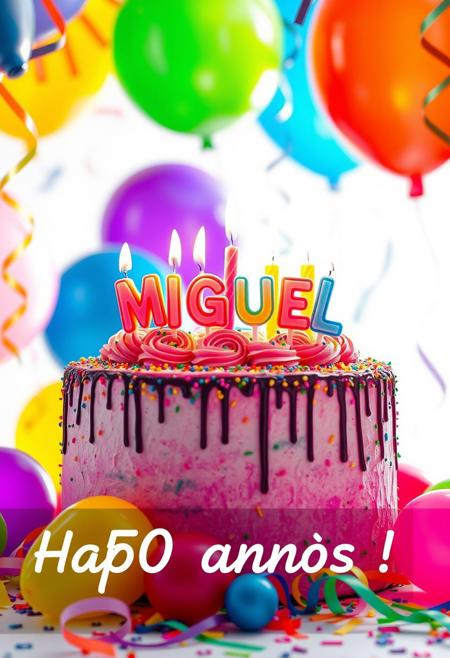 A beautiful birthday cake with colorful frosting, decorated with candles that spell 'MIguel '. Surrounding the cake are vibrant balloons in different colors, creating a festive atmosphere. The background is bright and cheerful, with confetti and streamers adding to the celebration. The scene is well-lit with a warm, happy glow, perfect for wishing a friend a happy birthday." 50 anos