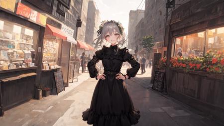 masterpiece,best quality,official art,extremely detailed CG unity 8k wallpaper,illustration,street, bright, 1Girl, gray hair, amber eyes, smile, black dress, barefoot, hands_on_hips,