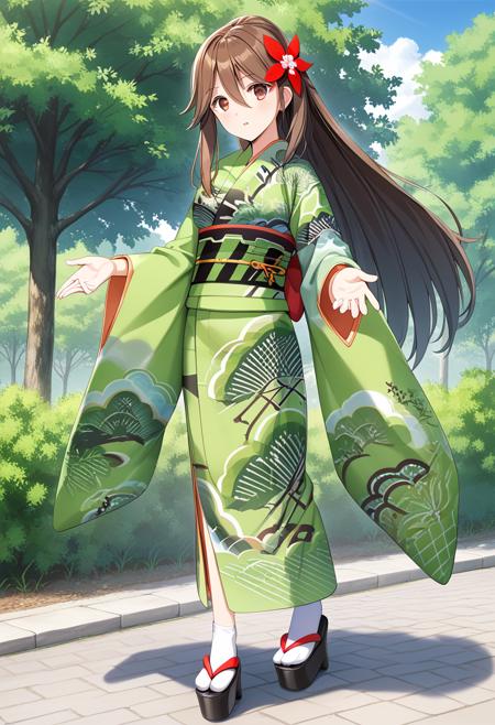 amagikc, brown_hair, long hair, high ponytail, wide ponytail, brown eyes, bangs, hair between eyes, hair flower amagidefkc, green_kimono, print_kimono, wide sleeves, obi, sash, platform footwear, white socks amagikaikc, crop_top_cleavage_cutout, cleavage, bare shoulders, short sleeves, large breasts, navel, stomach,  microskirt, hip vent, green thighhighs, grey boots, grey footwear