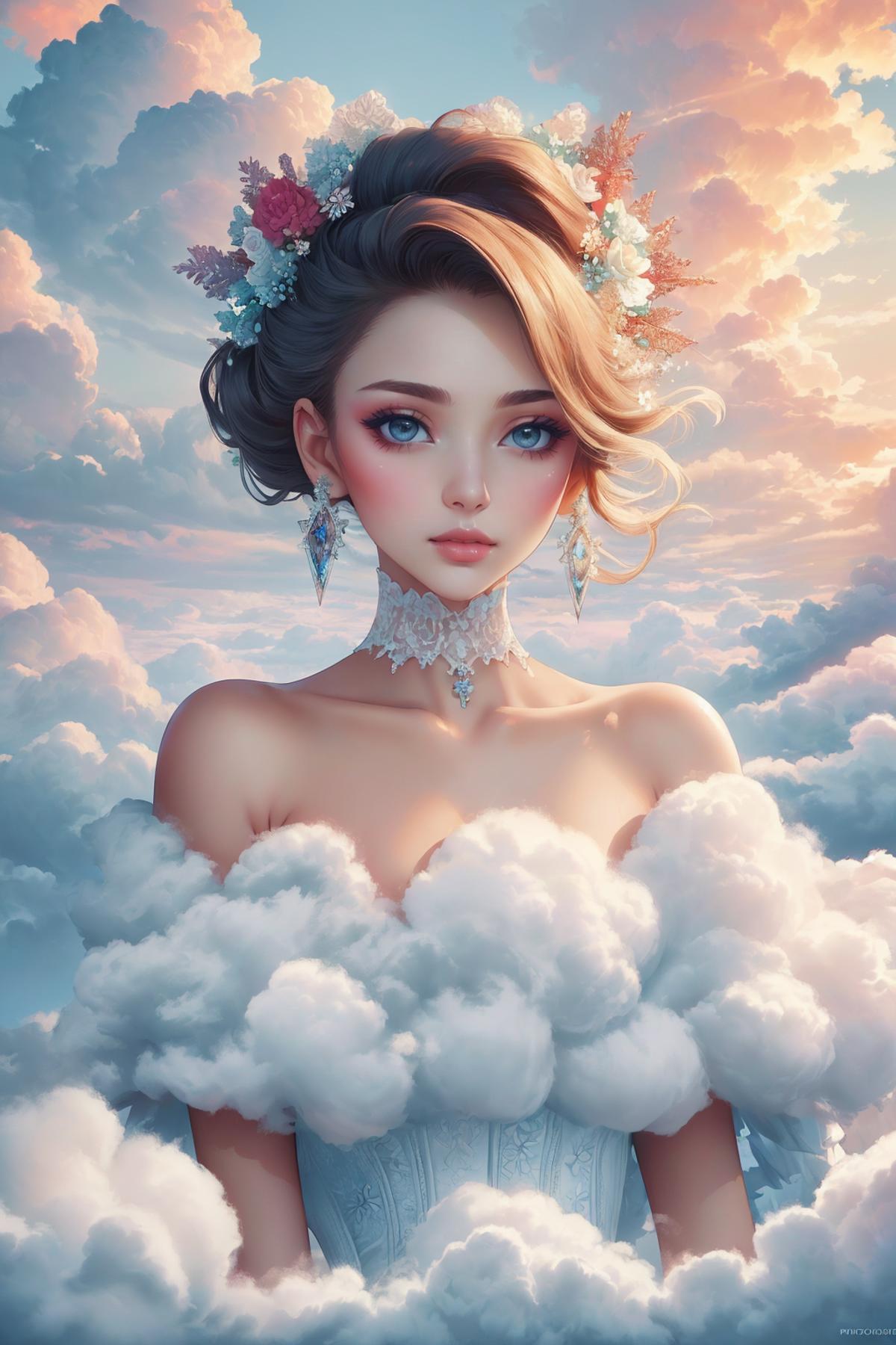 A Digital Artwork of a Girl with Blue Eyes and Clouds.