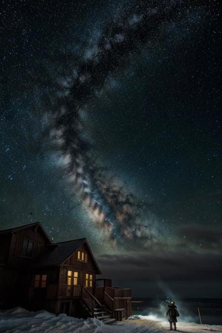 low key Off-Center Composition high DOF Panoramic Shot 8k uhd, photoshop rgb color, wide angle action shot <lora:add_detail:1>, (( night sky full of stars:1.1)) (falling snow:1.2), a man dressed in a warm (green cloak:1.2), (gas mask with small yellow lenses:1.1), in Antarctica, with (particle effects:1.2), (fur hood:1.1), amidst a big snow storm, near a science research station