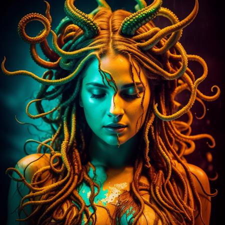 RAW photo,a female Cthulhu ancient god in the storm at night, [[Alicia Vikander]], [[[Margot Robbie]]], Eldritch horror, suggestive pose, closed eyes, cinematic lighting, by (Carne Griffiths), (Artur Bordalo), highly detailed, detailed face, 8k uhd, dslr, soft lighting, high quality, film grain, Fujifilm XT3
