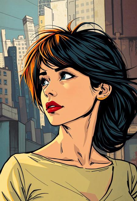 A young woman gazing into the distance, her hair merging with the layered, textured background
expressionist comic book style, bold Fauvist colors, dynamic exaggerated figures, sharp inked outlines, vibrant abstract cityscape, high-energy movement, geometric backgrounds, painterly textures, intense contrast, dramatic perspective, stylized anatomy, superhero action, fusion of modernism and graphic novel aesthetics