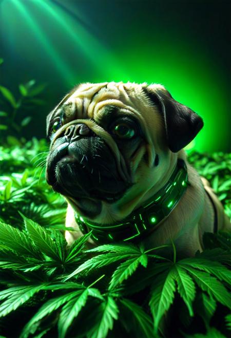420futurism, closeup shot, from side, pug made of leaves, pug made out of leaves, green leaves, cinematic, cinematic lighting, (masterpiece, best quality:1.4), ultra-high res, 4k, Photorealistic, insanely detailed, sfw,