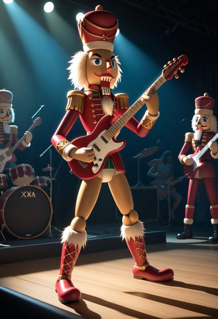 dancing wooden nutcracker boy,  playing lead electric guitar, large concert stage, rock band of nutcrackers in background, dim light, shadows, SFW, xaxaxa