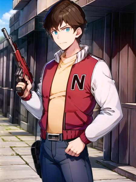 Captain N, 1guy, letterman jacket, gun, pants