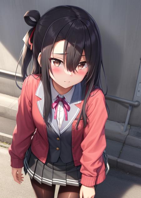 <lora:Koori_Chikage-10:0.7>,Koori_Chikage, 1girl, solo,blush,shirt, black hair,skirt,dark brown eyes,pantyhose, pleated skirt, shoes, vest, black pantyhose,ribbon,(((hair between eyes:1.5))),(hair over one eye),school uniform, jacket, hair ribbon, white shirt, collared shirt, red ribbon, black ribbon, neck ribbon,, blazer, eyes visible through hair, red jacket,Street,