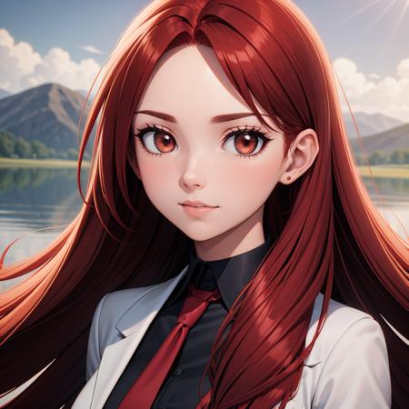 woman, long red hair, brown eyes, ear, earring, close up, white coat, black blouse, tie, breathtaking background, grasslands, lake <lora:face_mask_01:0.6>