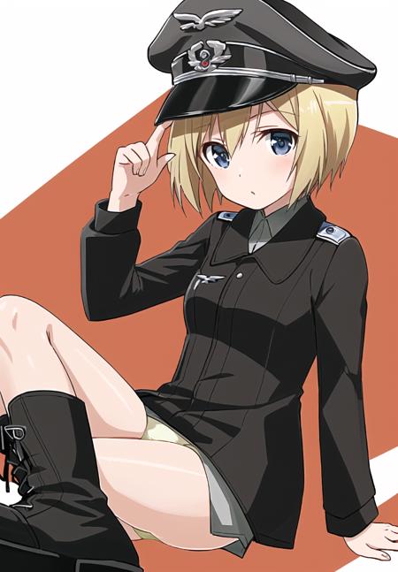 <lora:Erica_Hartmann-10:1> Erica , blonde hair , peaked cap , black jacket , uniform , military uniform , panties , black boots ,