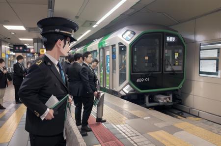 best quality, ultra-detailed, illustration,
OsakaMetro400, subway station, train station, multiple boys, train, pants, 6+boys, necktie, indoors, hat, uniform, glasses, black hair, standing, shoes, male focus
 <lora:OsakaMetro400_SD15_V1_DIM4:1>