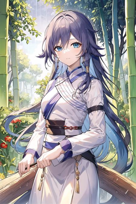 (masterpiece, top quality, best quality, official art, beautiful and aesthetic:1.2),extreme detailed,(fractal art:1.3),long hair,blue eyes,small breasts,  <lora:Fu Hua_Five in one_v1.0:0.7>,Fu Hua(Taixu),1girl,solo,chinese clothes,bamboo forest,sunset,rain,