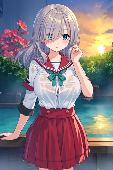 masterpiece,bast quality,official art,8K wallpaper,game cg,isuzurensch \(magiarecord\),red skirt,blue eyes,white shirt,huge breasts,hair over one eye,blush,heavy breathing,expressionless,1girl,solo,wet,wet clothes,dark sky,blue moon,cloud,blue lycoris radiata,<lora:ringsch2:1:1,0.1,0.1,0.1,0.1,0,0,0,0.7,0.9,0.9,0,0,0,0,0,0>