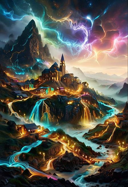 (by Ellen Jewett:1.5), (Bioluminescent Impressionism, Egyptian landscape, The Dreamland,, their peaks veiled in mist. mixed media, surrealism, great lighting, A surreal landscape highly detailed . extremely high-resolution details,  appears trapped in an optical illusion of reflections and refractions colorful , lthndrtrl, dark night, mountains and village in Turkey, professional photography, natural lighting, volumetric lighting maximalist. intricately detailed, complex, elegant, expansive, fantastical, waterfall, ethereal landscapes, depth of field, biotech emotion:1.3) <lora:xl_more_art-full_v1:0.5> <lora:add-detail-xl:1> <lora:RMSDXL_Creative:2>