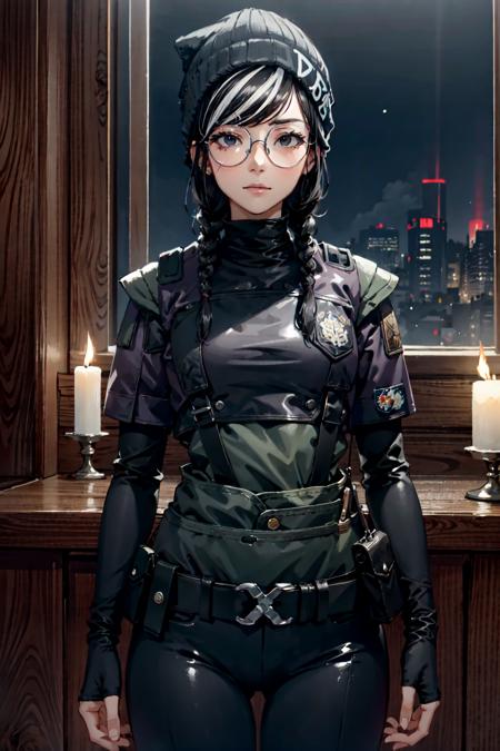 masterpiece, high quality cg, anime, illustration, best quality, 1girl, bound, bondage, beautiful face, detailed face, cowboy shot, dokkaebi, 1girl, solo, looking at viewer,  black hair, braid, glasses, black gloves, belt, pants, black eyes, twin braids, streaked hair, black headwear, bodysuit, black pants, round eyewear, black bodysuit, beanie, hair behind ear, <lora:Dokkaebi:0.9>