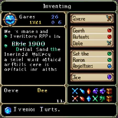 ATo generate an image of an inventory screen from a turn-based RPG game in a video game style, use this prompt: 'A detailed and organized inventory screen from a turn-based RPG, showcasing various items like potions, weapons, and magical artifacts. The layout is user-friendly, with clear sections for different item categories. Each item is represented with an icon, alongside text descriptions. The screen has a fantasy-themed design, with intricate borders and a color palette that suggests a mystical world. The UI elements are sleek yet evoke a sense of adventure, typical of classic RPG games,  <lora:gbaplay_rpg:0.75>