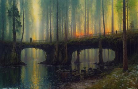 (impressionism:1.15), A bridge of light ,Neon mushrooms ,A sleeping titan , Cliff/Bluff, pine forest, (jeremy mann:0.9), scenery,a painting,scene painting,