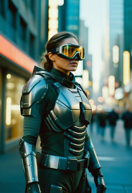 score_9, score_8, score_7, score_6, analog film photograph, less contrast, soft rimligh, Fujifilm pro400H, Cinematic Film Style, upper body shot, female bounty hunter, science fiction armor, hi-tech armor, polished armor, goggles, science fiction, cyberpunk style, distopian futuristic city street, depth of field, bokeh, dof, high detailed texture, ultra-detailed, Original Character, Beautiful character design, official art, perfect body, perfect exposure, high res image,masterpiece,best quality