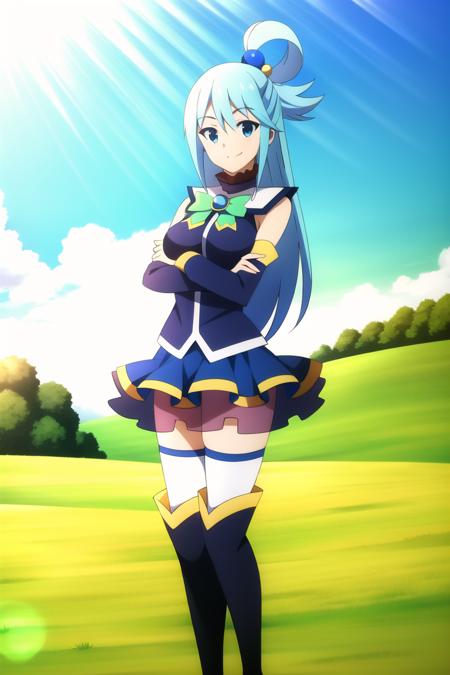 (masterpiece), high quality, (detailed background), 1girl, solo,
<lora:KonosubaAqua-v4-07:0.8>, ChopioAqua, blue hair, long hair, very long hair, hair ornament, hair between eyes, blue eyes, (looking at viewer:1.3),
mature female, large breasts,
single hair ring,
outfit_1, white collar, detatched collar, bare shoulders, green bowtie, blue gem, blue shirt, detatched sleeves, white sleeves, blue skirt, miniskirt, see-through, layered skirt, thighhighs under boots, white thighhighs, zettai ryouiki, (blue thigh boots:1.2),
outdoors, field, sunny, standing
smile, crossed arms,