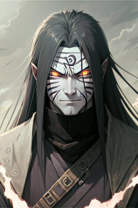 orochimaru, 1boy, male focus, solo, pointy ears, glowing, cloudy sky, closed mouth, looking at viewer, glowing eyes, outdoors, cloud, facial mark, red eyes, orange eyes, pale skin, upper body, colored skin, aura, sky, lightning