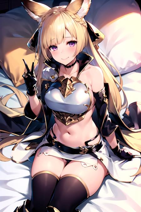 (best quality)++,(masterpiece)++, (ultra detailed)++, highres, dynamic angle, (bloom:1.25), beautiful detailed eyes,
(bedroom),
gbfyuisis, 1girl, shiny blonde hair, (long hair:1.05), braid, (half up half down:1.15), blunt bangs, (blonde fox ears:1.05), (erune:1.15), (purple eyes:1.10),
(black ribbon:1.25), (big black hair ribbon with gold rim:1.25), black choker, (white very short dress:1.25), (white clothes:1.10), armor, breastplate, bare shoulders, (covered navel:1.15), open back, strapless, (very short skirt:1.25), black gloves, black belts, black kneehighs, zettai ryouiki, black panties, boots,
(medium breasts:1.05), (blush:1.05), (temptation:1.10), lewd, seductive smile, embarrassed, looking at viewer,
(lying on bed, (piece sign:1.25)),
<lora:lora_yuisisv4_loha:0.75>