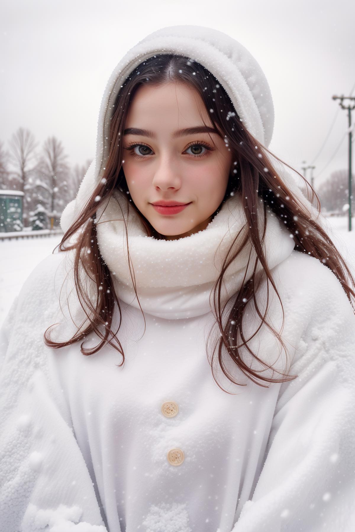 A young woman wearing a white hat and coat with snow falling around her.