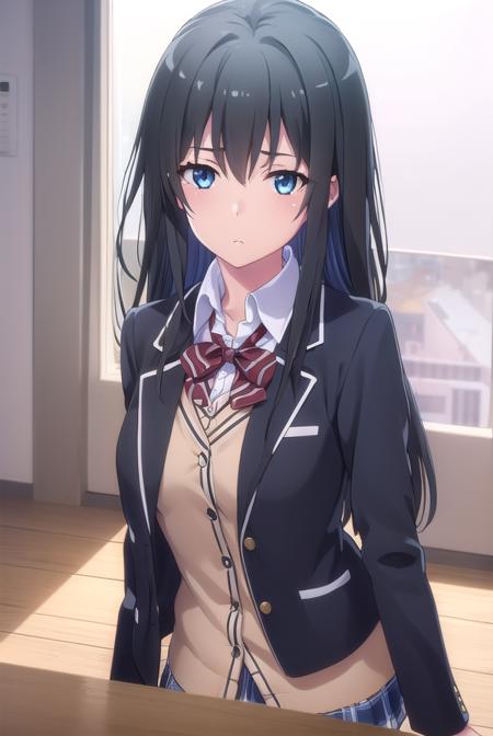 yukinoyukinoshita, <lora:yukino yukinoshita s2s3-lora-nochekaiser:1>, 
yukino yukinoshita, black hair, blue eyes, long hair, ahoge, (small breast:1.2),
BREAK blazer, cardigan, jacket, plaid, plaid skirt, school uniform, skirt, sobu high school uniform,
BREAK indoors, classroom,
BREAK looking at viewer, (cowboy shot:1.5),
BREAK <lyco:GoodHands-beta2:1>, (masterpiece:1.2), best quality, high resolution, unity 8k wallpaper, (illustration:0.8), (beautiful detailed eyes:1.6), extremely detailed face, perfect lighting, extremely detailed CG, (perfect hands, perfect anatomy),