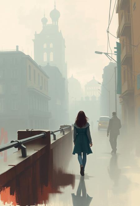 A digital sketch in soft pastel colors with complementary epic hues, depicting a woman walking through a misty, atmospheric urban landscape. Loose painterly strokes create a dreamy, slightly rough texture, using Soviet Impressionism to evoke a fantastical scene with rich textures and atmospheric depth.